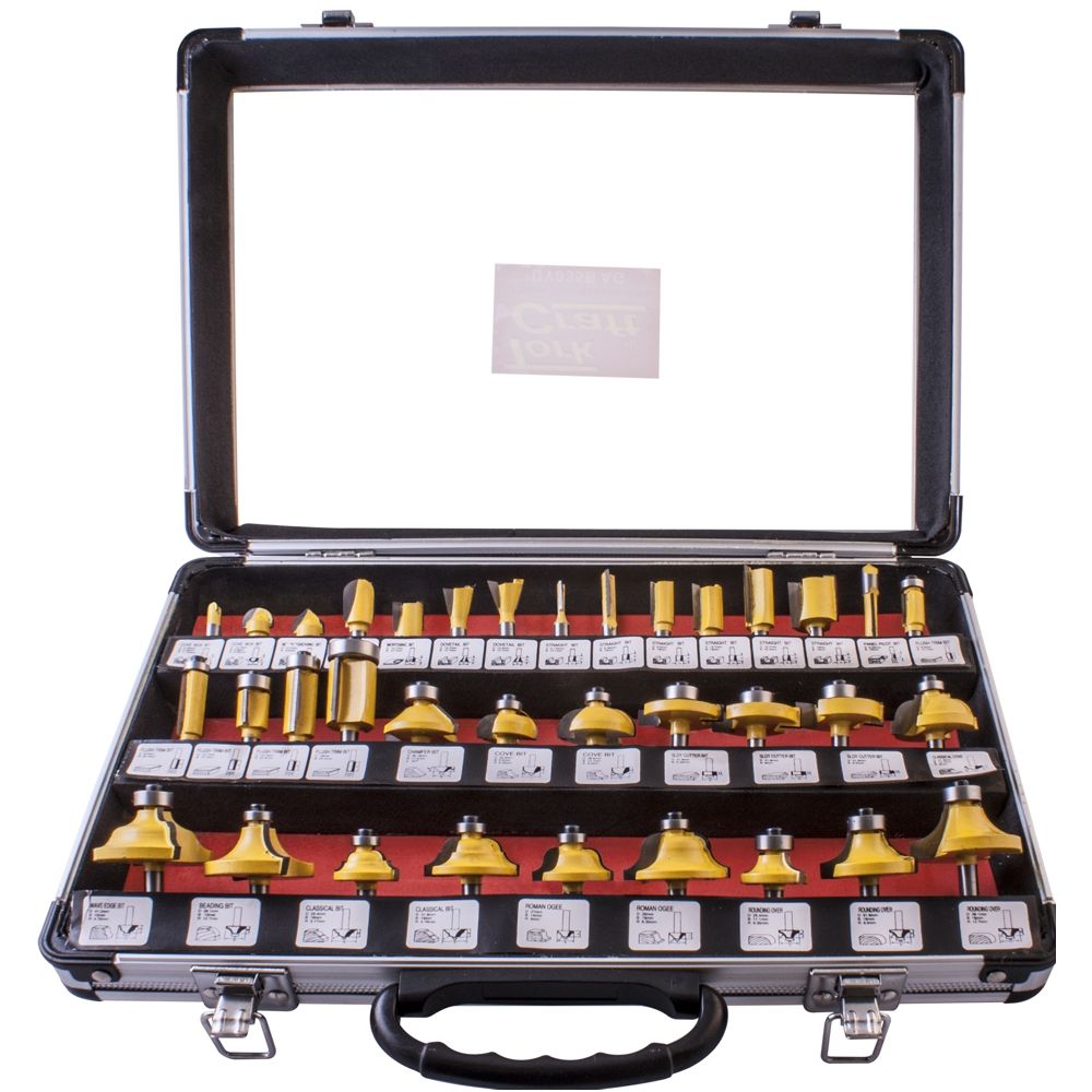Router Bit Set 35piece Aluminium Case Glass Front 1/4 Shank